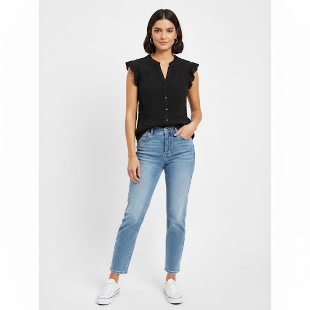 Olivia Grey Ruffle Cap Sleeve Black Blouse‎ Button Up Top Women's